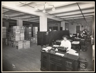 Uitzicht op mannen en vrouwen aan bureaus in wat lijkt op een verzendkamer bij Parke, Davis en Co., chemici, Hudson en Vestry Streets, New York, 1910